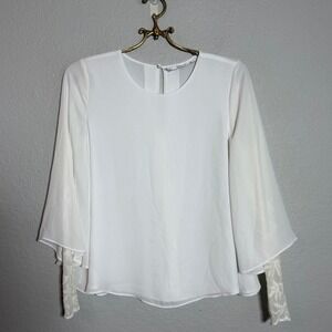 Zara Trafaluc White Bell Sleeve Lace Trim Blouse Top Women Size S